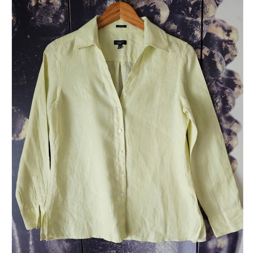 Talbots Womens 8 Pure Irish Linen Button Down Shirt Pale Lime Green Long Sleeve